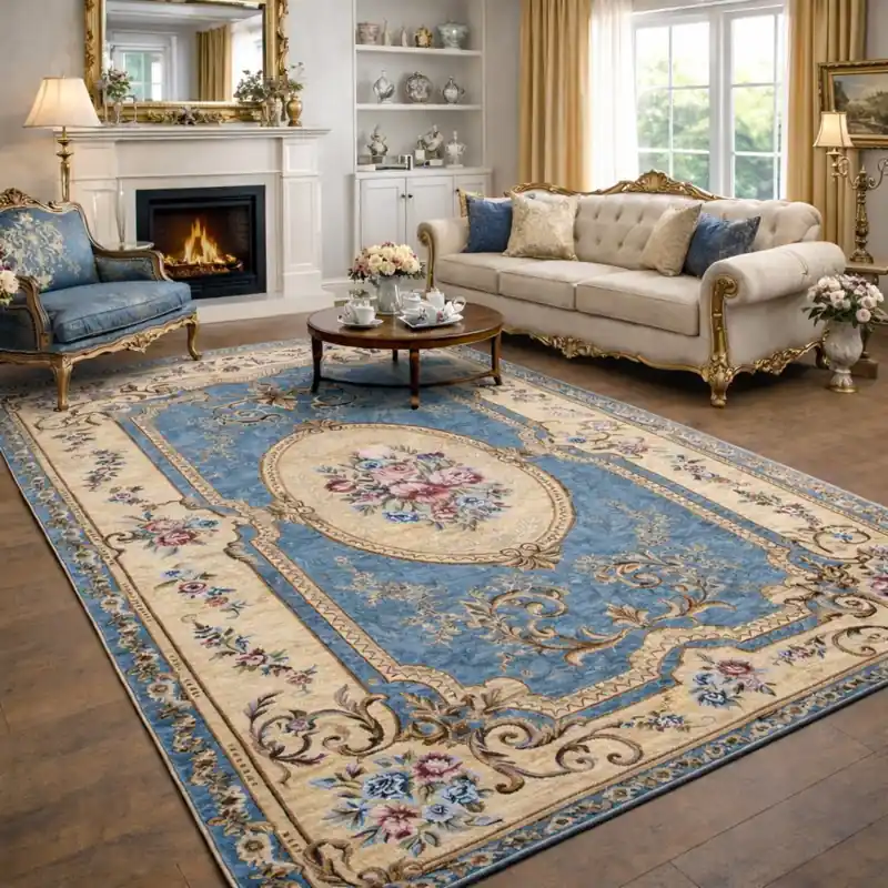 AUBUSSON - Tappeto Classico Stile Francese '800 Ciniglia Jacquard - Lavabile ed Antiscivolo - Azzurro