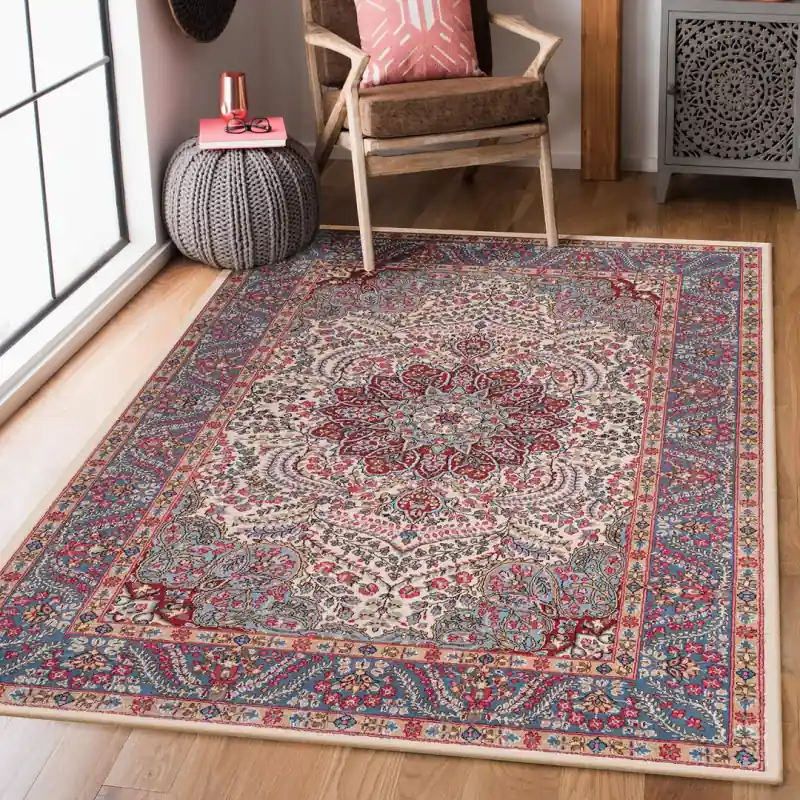 Tappeto Corsia Salotto Camera Lavabile Antiscivolo Classico Stile Persiano Beige Rosone KIRMAN PANNA