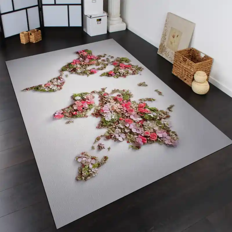 Tappeto Passatoia Salotto Cucina Bagno Lavabile Cartina Mondo Fiori Primavera - CG0023