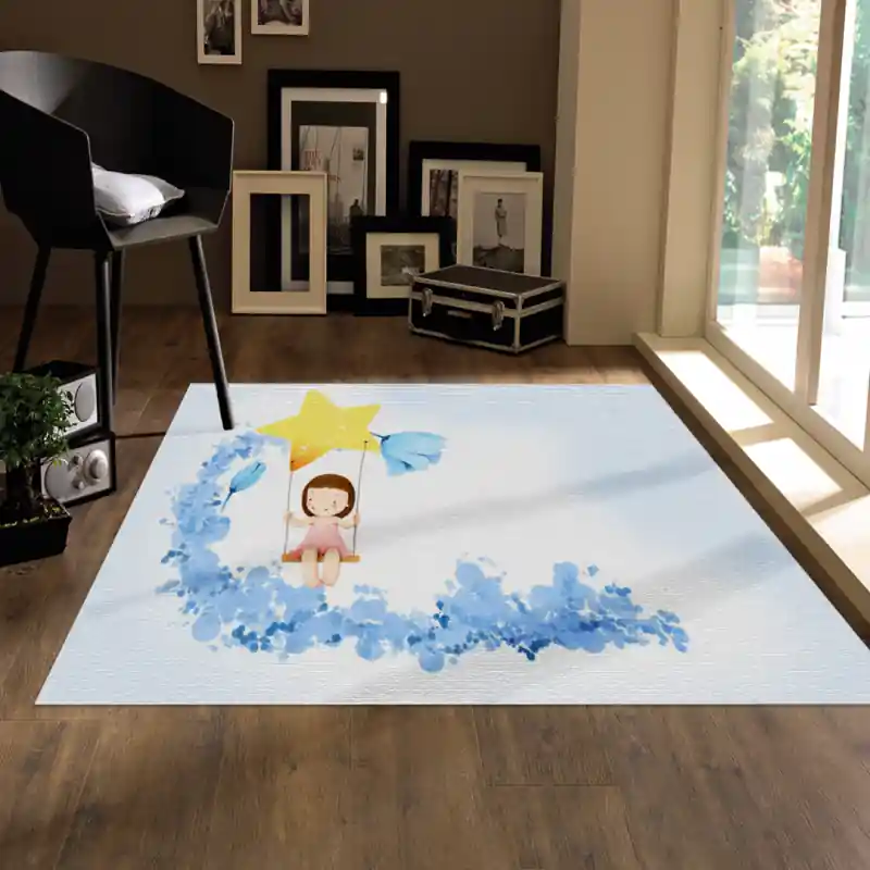 Tappeto Passatoia Salotto Cucina Bagno Lavabile Bambina Azzurro Sogni Stella Altalena Cielo BIM0012
