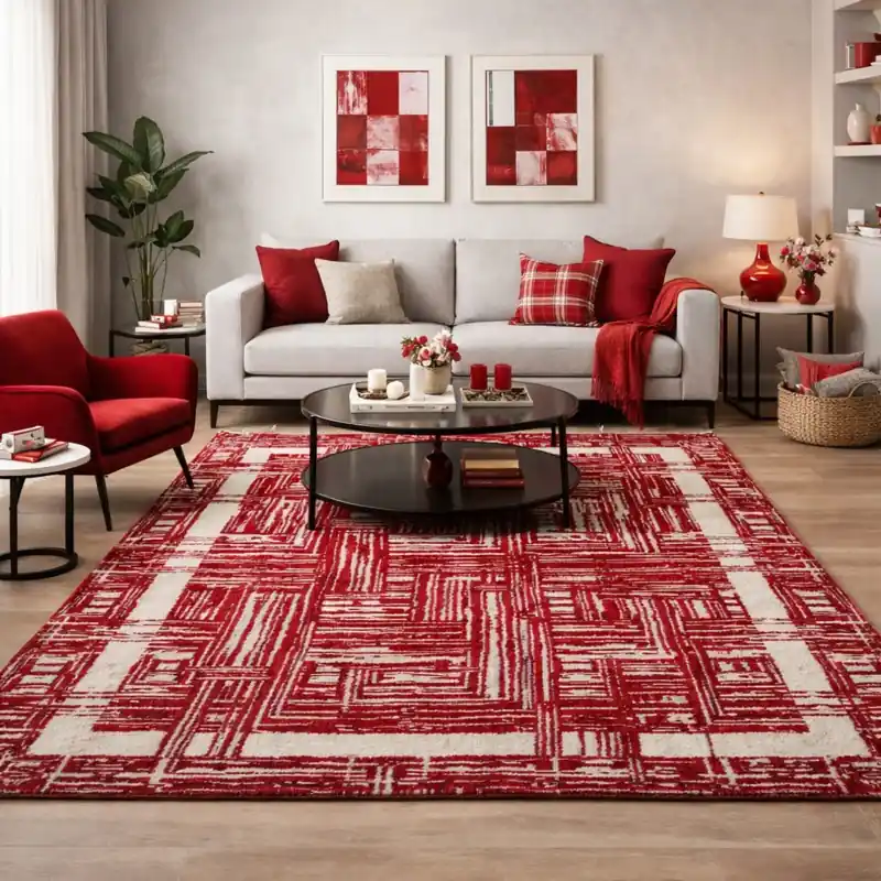 THAILAND - Tappeto Moderno Geometrico - Lavabile ed Antiscivolo - Ciniglia Jacquard - Rosso