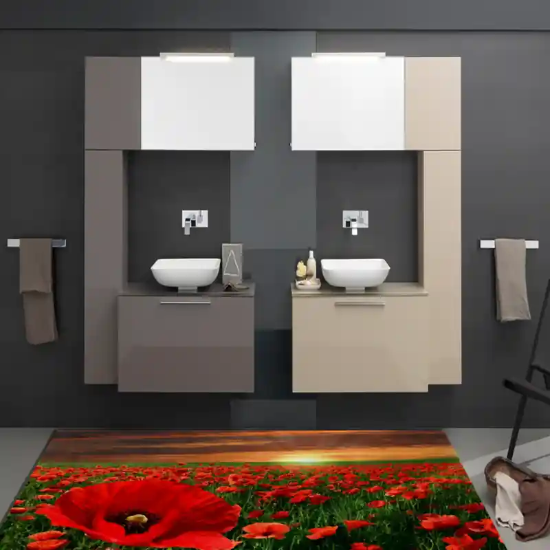 Tappeto Passatoia Salotto Cucina Bagno Lavabile Fiori Papaveri Rosso - FLO0003