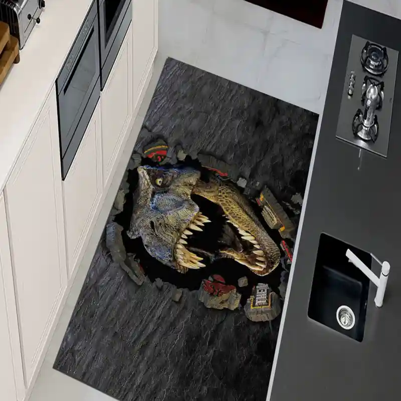 Tappeto Passatoia Salotto Cucina Bagno Lavabile Dinosauro Trex Squarcio Roccia - DINO0052