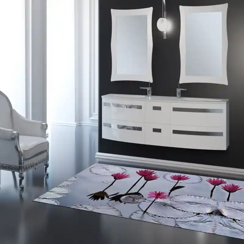 Tappeto Passatoia Salotto Cucina Bagno Lavabile Fiori Ninfee Rosa Acqua - FLO0040