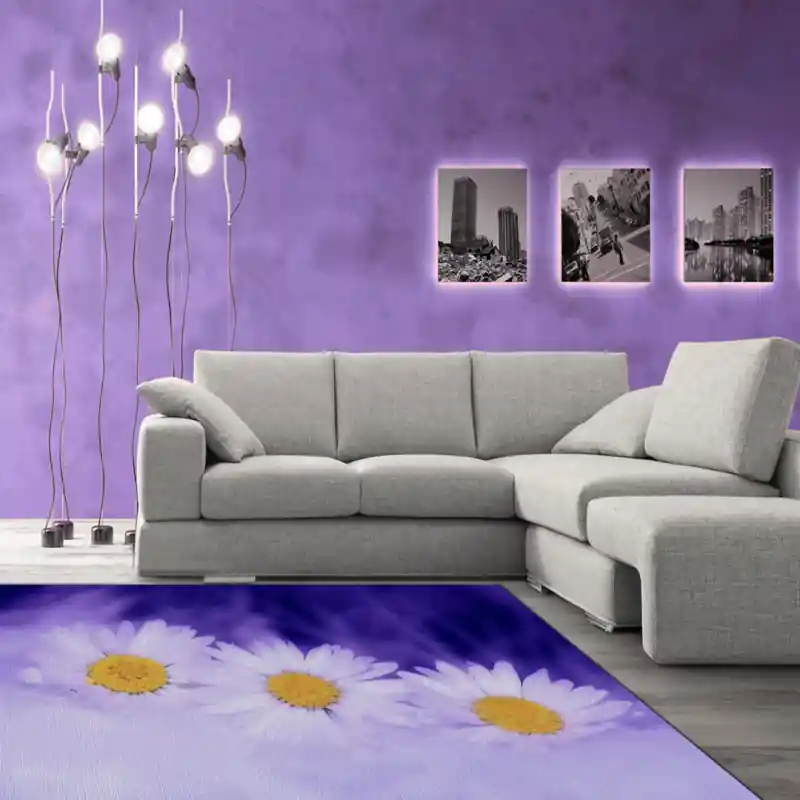 Tappeto Passatoia Salotto Cucina Bagno Lavabile Fiori Margherite Bianco Viola - FLO0038