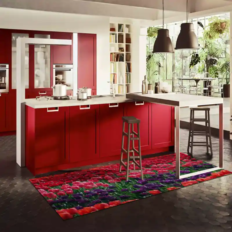 Tappeto Passatoia Salotto Cucina Bagno Lavabile Campo Tulipani Rosso Rosa Viola - FLO0034