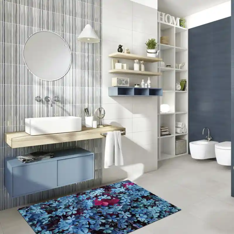 Tappeto Passatoia Salotto Cucina Bagno Lavabile Floreale Fiori Gerani Parigini Blu Azzurro - FLO0030
