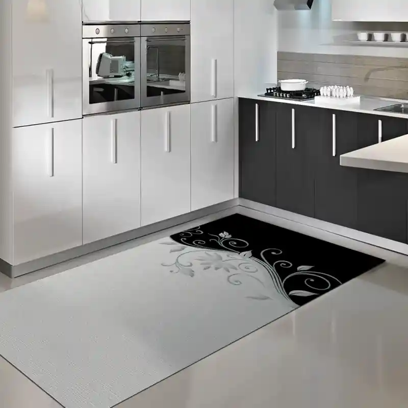 Tappeto Passatoia Salotto Cucina Bagno Lavabile Fiore Stilizzato Bianco Nero - FLO0088