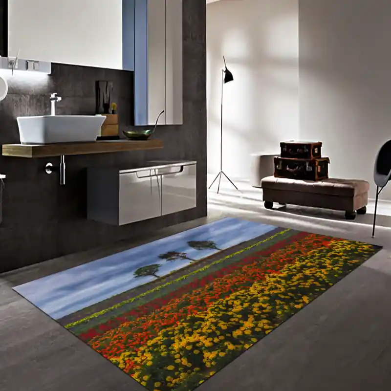 Tappeto Passatoia Salotto Cucina Bagno Lavabile Campo Crisantemi Rossi Arancio Gialli - FLO0070