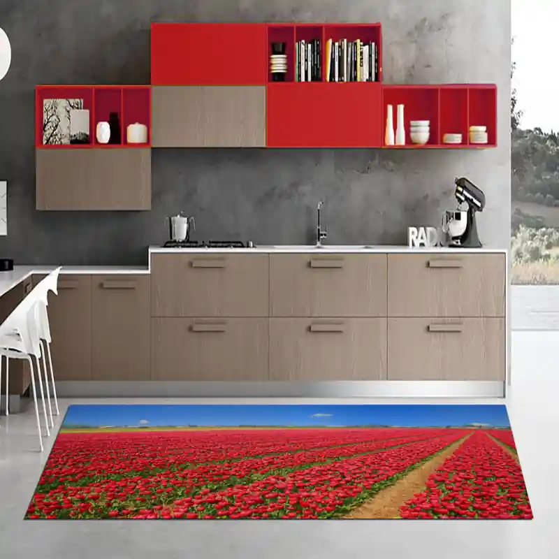 Tappeto Passatoia Salotto Cucina Bagno Lavabile Campo Papaveri Rossi - FLO0069