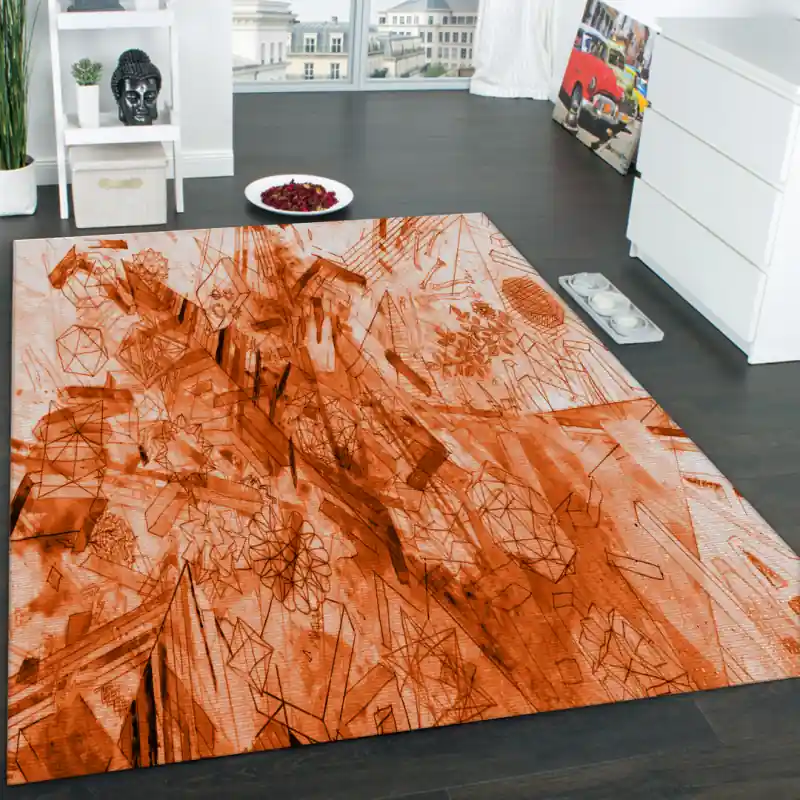 Tappeto Salotto Cucina Bagno Lavabile Antiscivolo Moderno Geometrico Astratto Arancio - MOD5031
