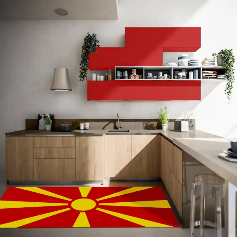 Tappeto Passatoia Salotto Cucina Bagno Lavabile Stampa Digitale Bandiera Sole Rosso Giallo MACEDONIA