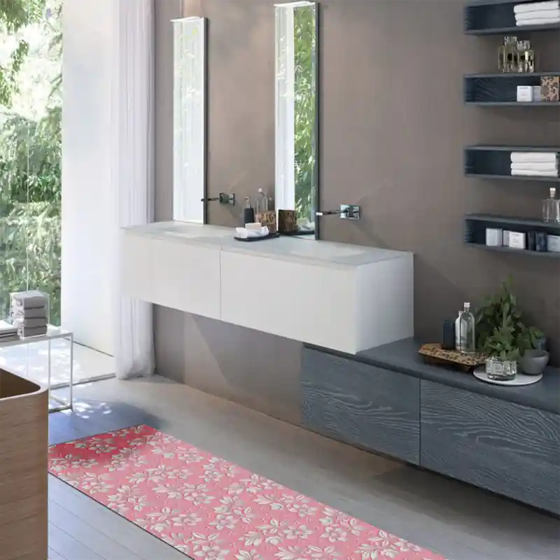 Tappeto Passatoia Salotto Cucina Bagno Lavabile Stile Floreale Rosa Bianco - FLO0109