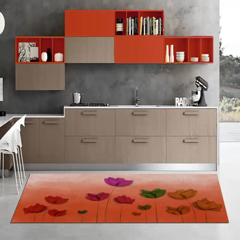 Tappeto Passatoia Salotto Cucina Bagno Lavabile Fiori Tulipani Rossi Arancio Stilizzati - FLO0105