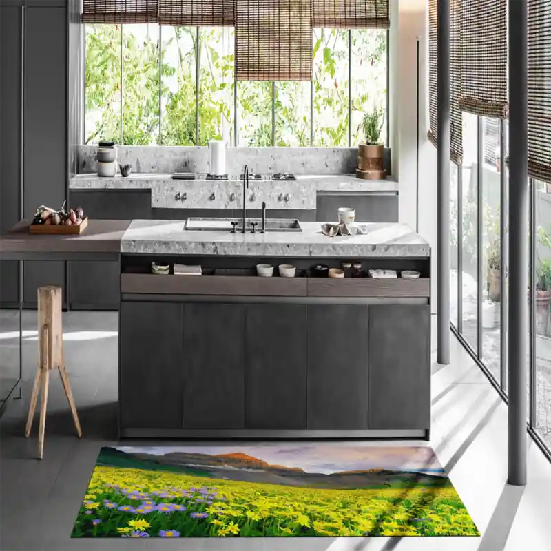 Tappeto Passatoia Salotto Cucina Bagno Lavabile Campo Margherite Gialle Viola - FLO0103