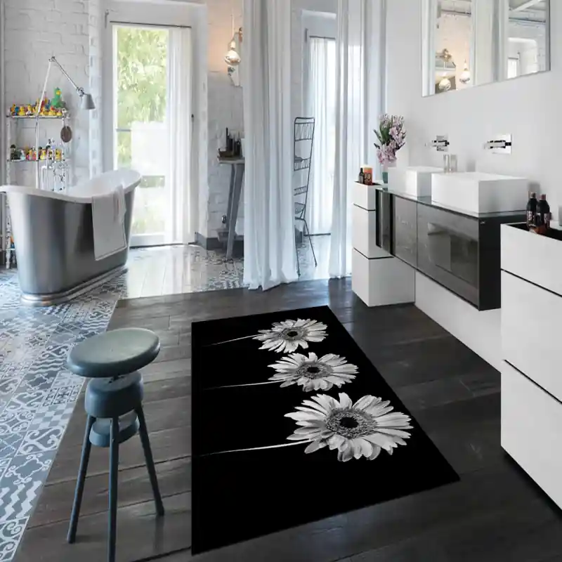 Tappeto Passatoia Salotto Cucina Bagno Lavabile Fiori Girasoli Bianco E Nero - FLO0101