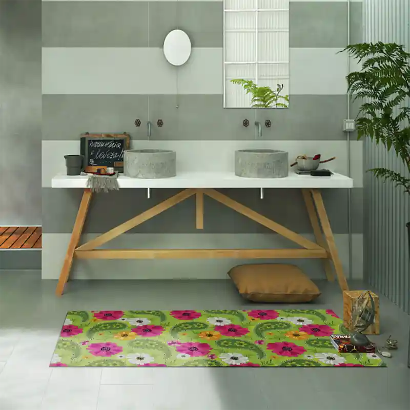 Tappeto Passatoia Salotto Cucina Bagno Lavabile Stile Floreale Fiori Camelie Stilizzate - FLO0110