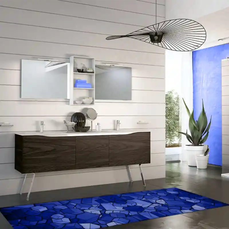 Tappeto Passatoia Salotto Cucina Bagno Lavabile Antiscivolo Moderno Quadrato Blu- MOD5086