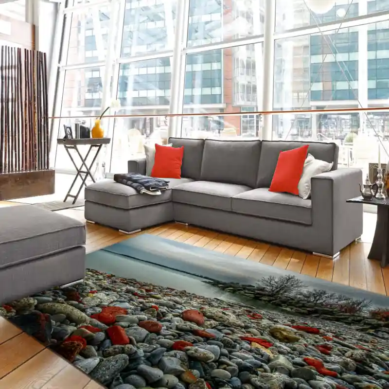Tappeto Passatoia Salotto Cucina Bagno Lavabile Paesaggio Riva Lago Ciottoli Autunno Arancio PAE0055
