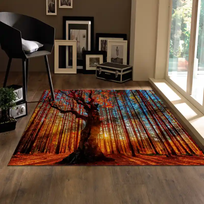 Tappeto Passatoia Salotto Cucina Bagno Lavabile Paesaggio Foresta Raggi Luce Autunno Arancio PAE0048