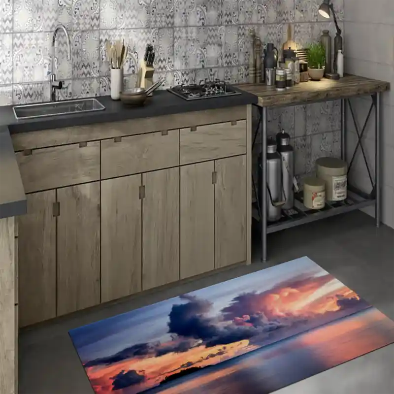 Tappeto Passatoia Salotto Cucina Bagno Lavabile Paesaggio Alba Mare Isola Nubi - PAE0093