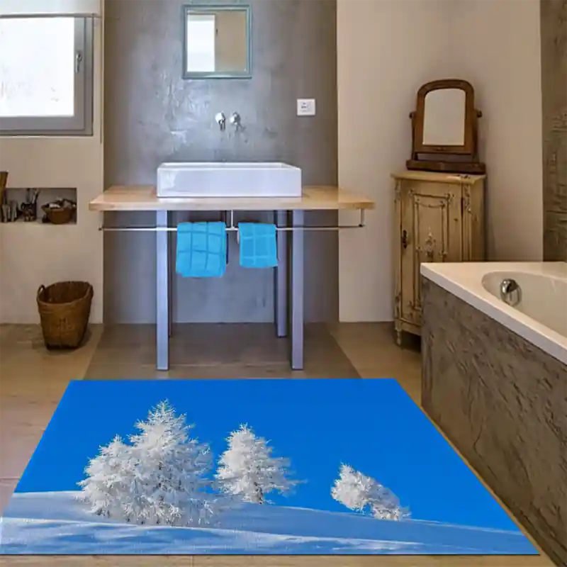 Tappeto Passatoia Salotto Cucina Bagno Lavabile Paesaggio Alberi Innevati Neve Inverno Sole PAE0079