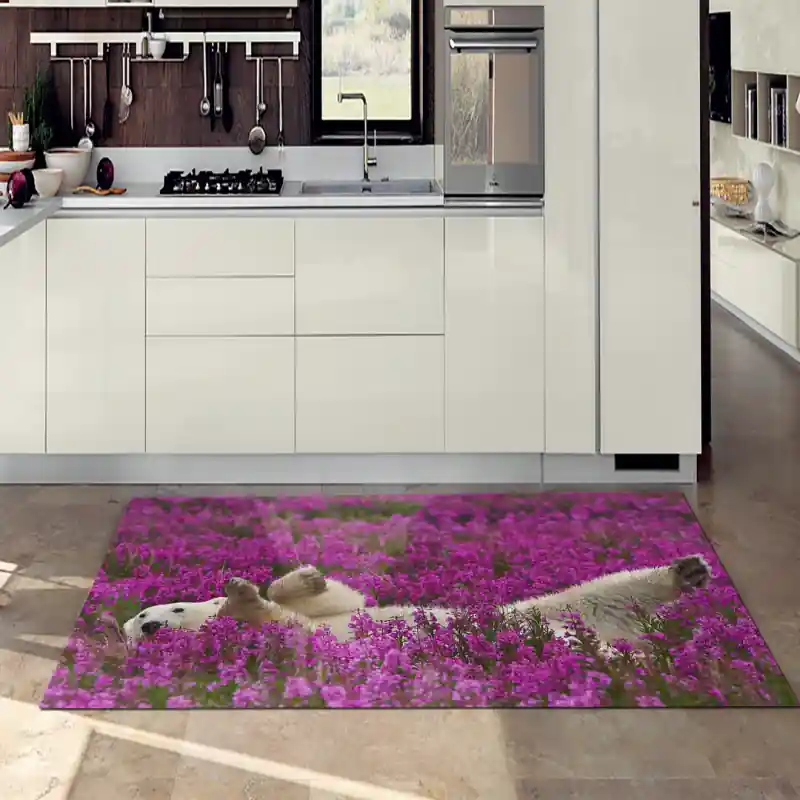 Tappeto Passatoia Arredo Salotto Cucina Bagno Lavabile Stampa Digitale Orso Polare nei Fiori- OR0005