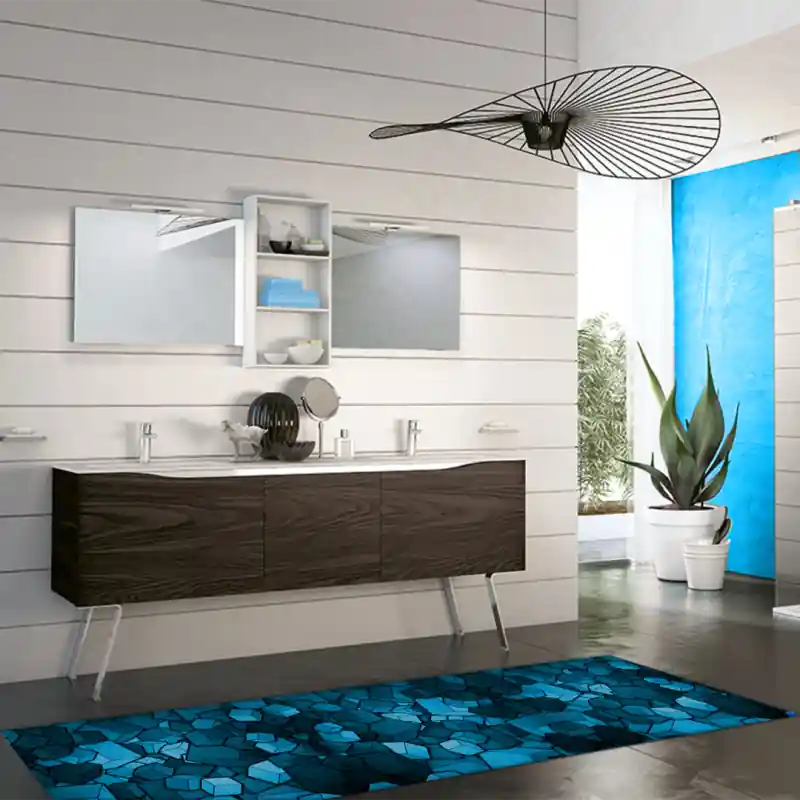 Tappeto Passatoia Salotto Cucina Bagno Lavabile Antiscivolo Moderno Quadrato Blu - MOD5092