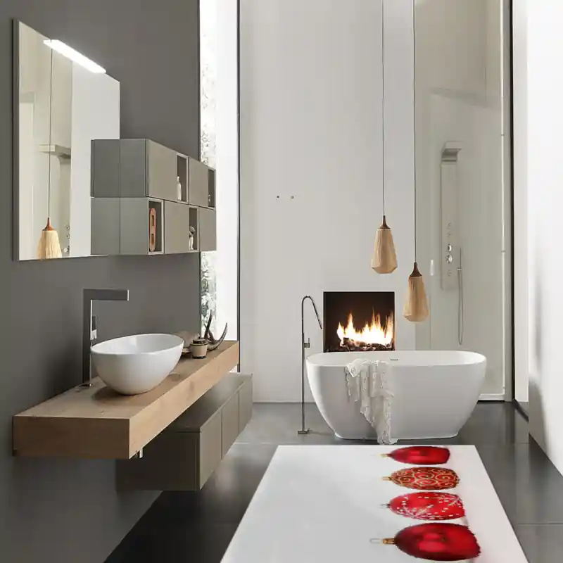 Tappeto Passatoia Salotto Cucina Bagno Lavabile Palline Albero Natale Rosso Oro Bianco Neve NAT0003