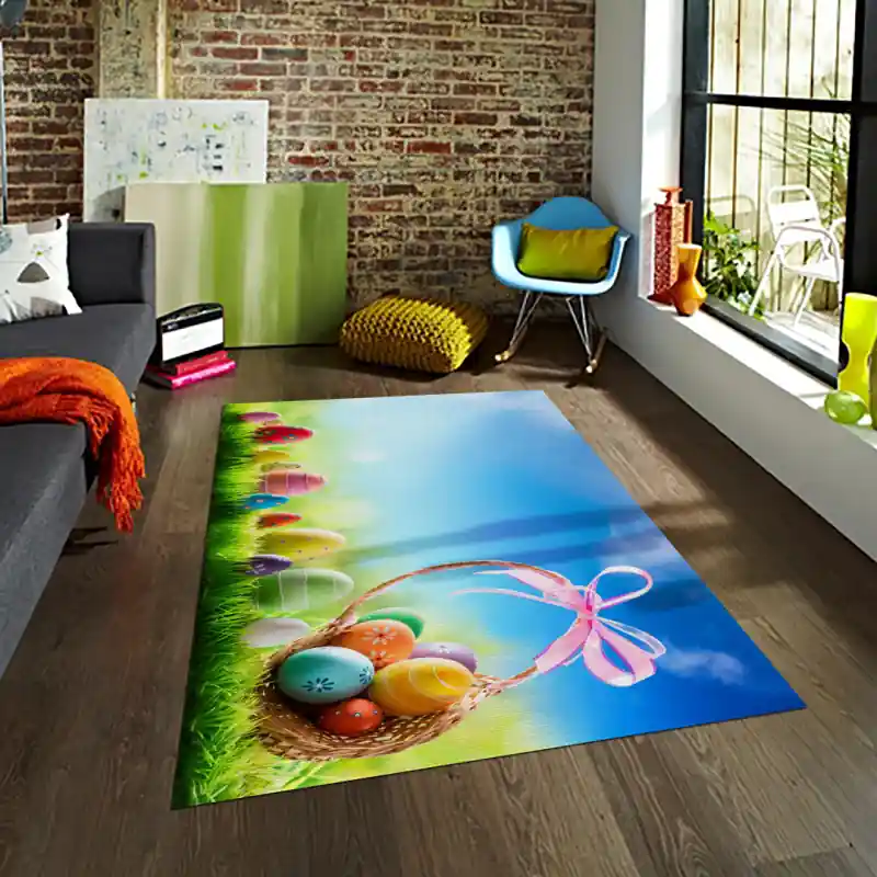 Tappeto Passatoia Salotto Cucina Bagno Lavabile Pasqua Cestino Vimini Uova Colorate Prato - PA0019