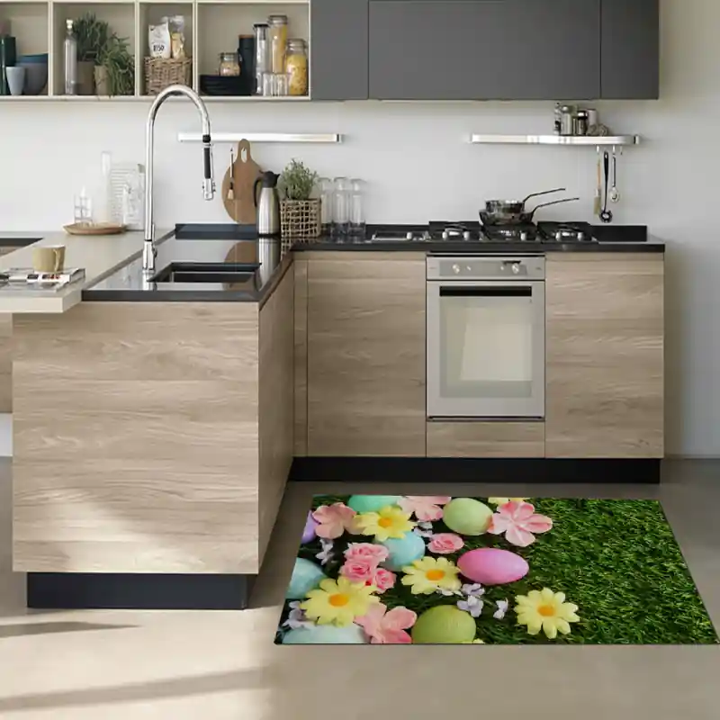 Tappeto Passatoia Salotto Cucina Bagno Lavabile Pasqua Uova Colorate Fiori Gialli Rosa - PA0013