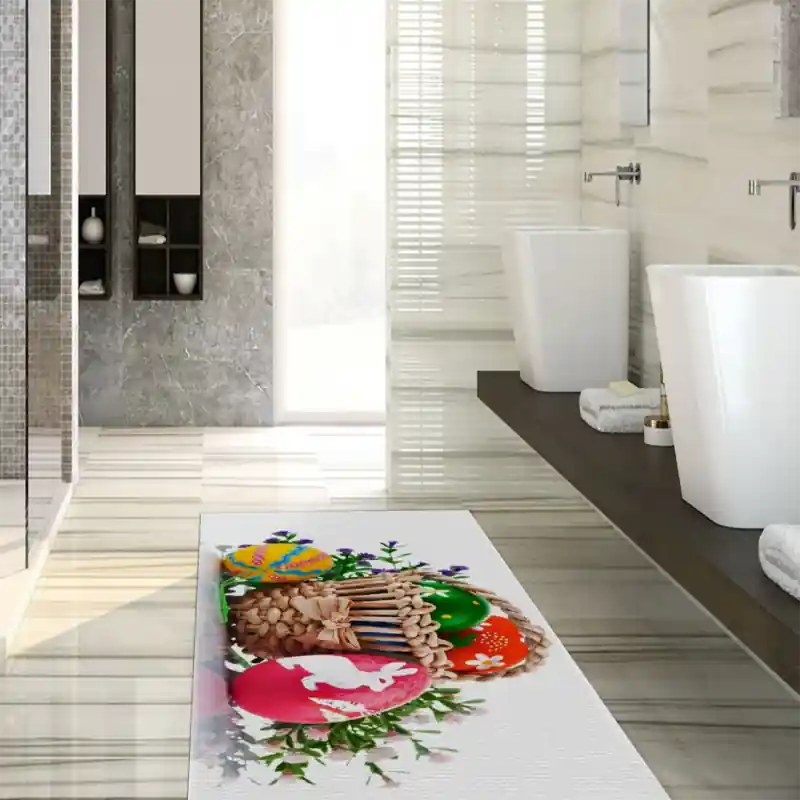 Tappeto Passatoia Salotto Cucina Bagno Lavabile Pasqua Cestino Vimini Uova Colori Coniglietto PA0004