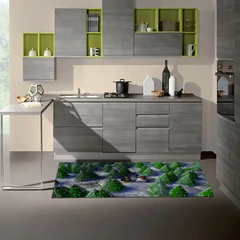Tappeto Passatoia Salotto Cucina Bagno Lavabile Natale Pini Cartoon Pinguini Polo Nord Neve NAT0046