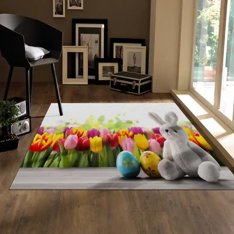 Tappeto Passatoia Salotto Cucina Bagno Lavabile Pasqua Uova Coniglio Peluche Tulipani - PA0027