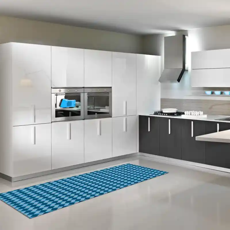 Tappeto Passatoia Salotto Cucina Bagno Lavabile Antiscivolo Moderno Geometrico Cubi Azzurro- MOD5190