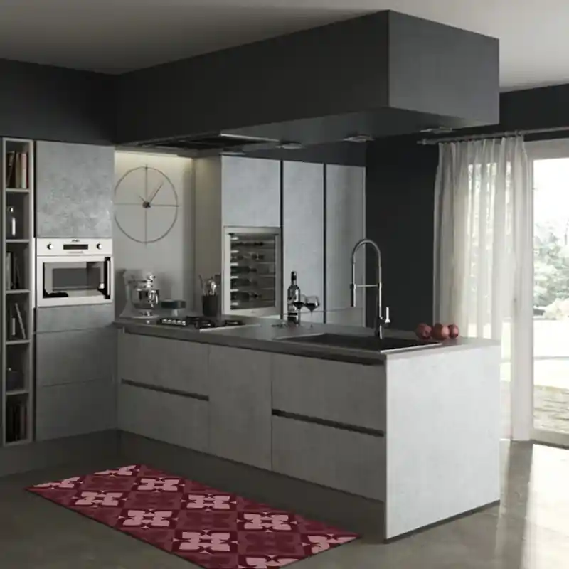 Tappeto Salotto Cucina Bagno Lavabile Antiscivolo Moderno Geometrico Floreale Rosso Scuro -MOD5166