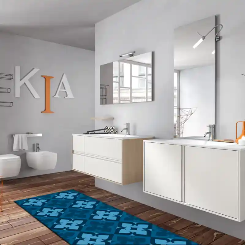 Tappeto Salotto Cucina Bagno Lavabile Antiscivolo Moderno Geometrico Floreale Azzurro -MOD5164