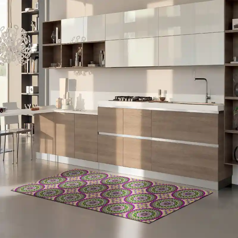 Tappeto Passatoia Salotto Cucina Bagno Lavabile Pattern Stile Floreale Mandala Verde Viola PATT0026
