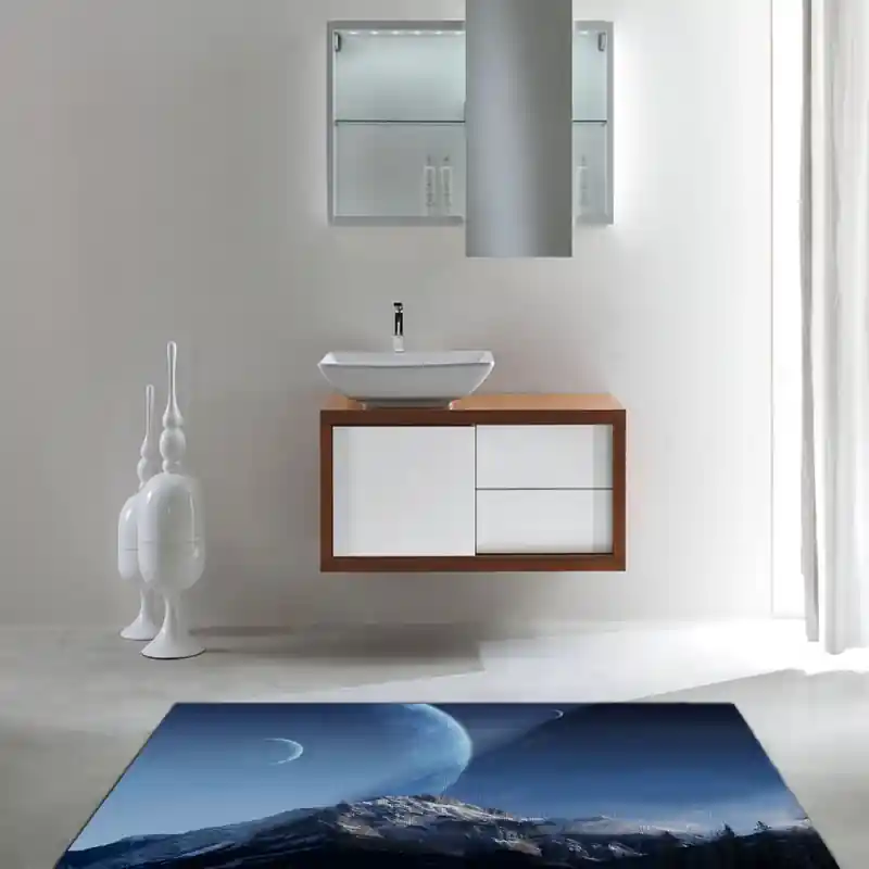 Tappeto Passatoia Salotto Cucina Bagno Lavabile Spazio Riflesso Pianeti Cielo Montagne Neve SPA0036