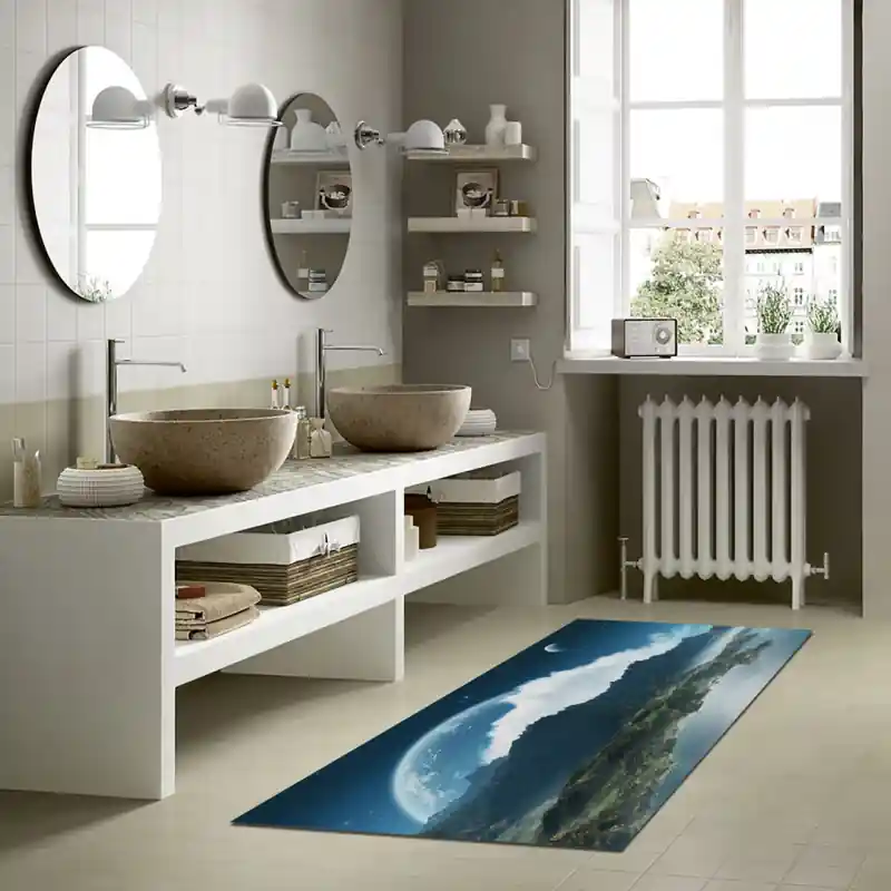 Tappeto Passatoia Salotto Cucina Bagno Lavabile Spazio Pianeti Luna Riflesso Nubi Monti - SPA0028