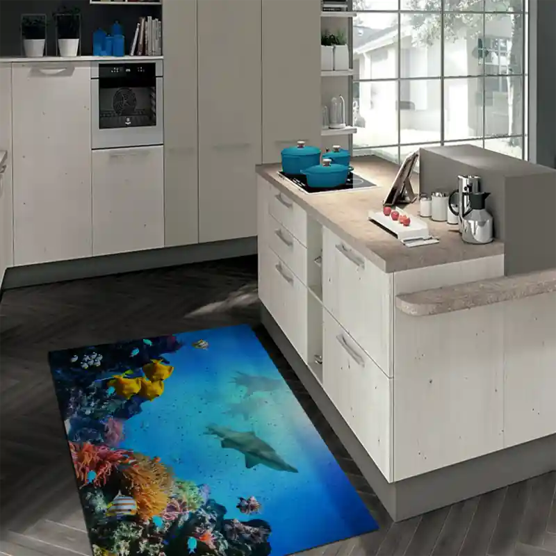 Tappeto Passatoia Salotto Cucina Bagno Lavabile Pesci Flora Fauna Marittima Squalo Coralli PESC00020