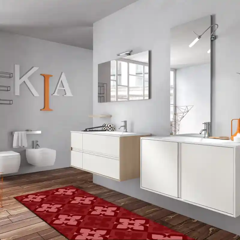 Tappeto Salotto Cucina Bagno Lavabile Antiscivolo Moderno Geometrico Floreale Rosso - MOD5158