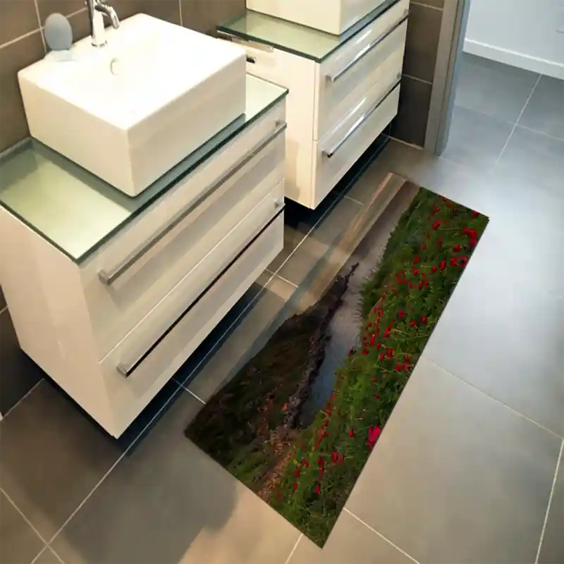 Tappeto Passatoia Salotto Cucina Bagno Lavabile Mare Insenatura Scogliere Papaveri Rossi - SOMA0031