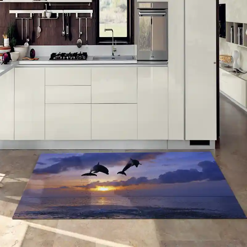 Tappeto Passatoia Salotto Cucina Bagno Lavabile Pesci Coppia Delfini Salto Tramonto Mare - PESC0051