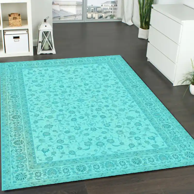 Tappeto Passatoia Salotto Cucina Bagno Lavabile Shabby Chic Azzurro Stile Classico - SHAB0002AZ