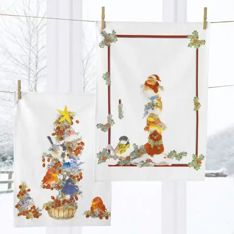 Set 2 strofinacci canovacci da cucina VALLESUSA Sparrows stampa digitale