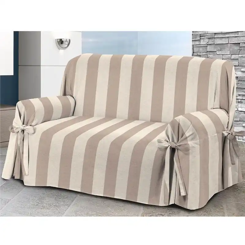 Copridivano con laccetti in panama Veronica - 2 posti beige a righe