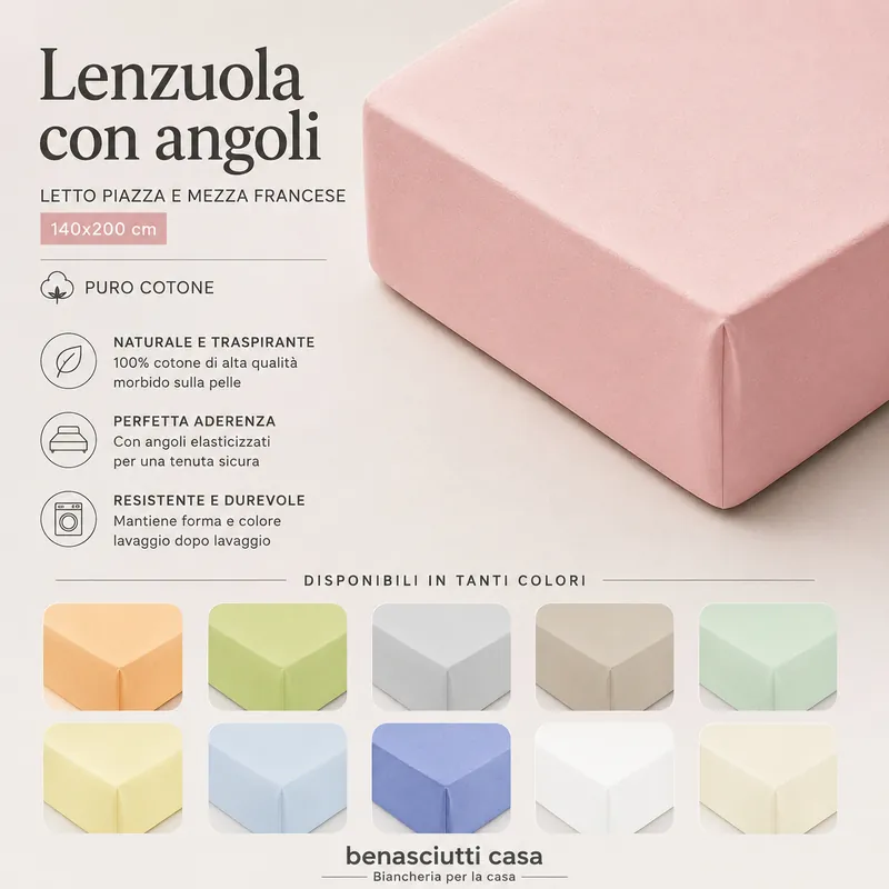 Lenzuola con angoli letto piazza e mezza francese 140x200 puro cotone