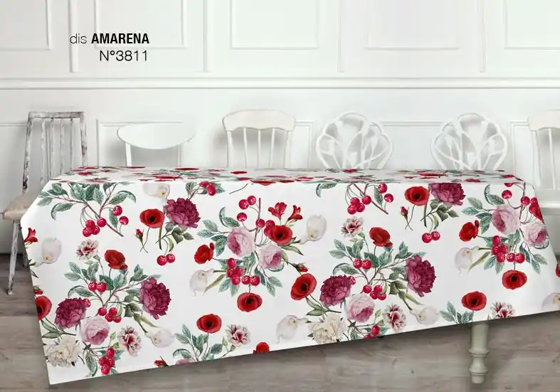 Tovaglia rettangolare TAG HOUSE puro cotone - Amarena fiori rossi