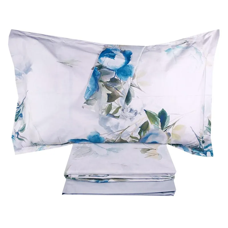 Copripiumino matrimoniale completo percalle MIRABELLO MOON PEONY azzurro